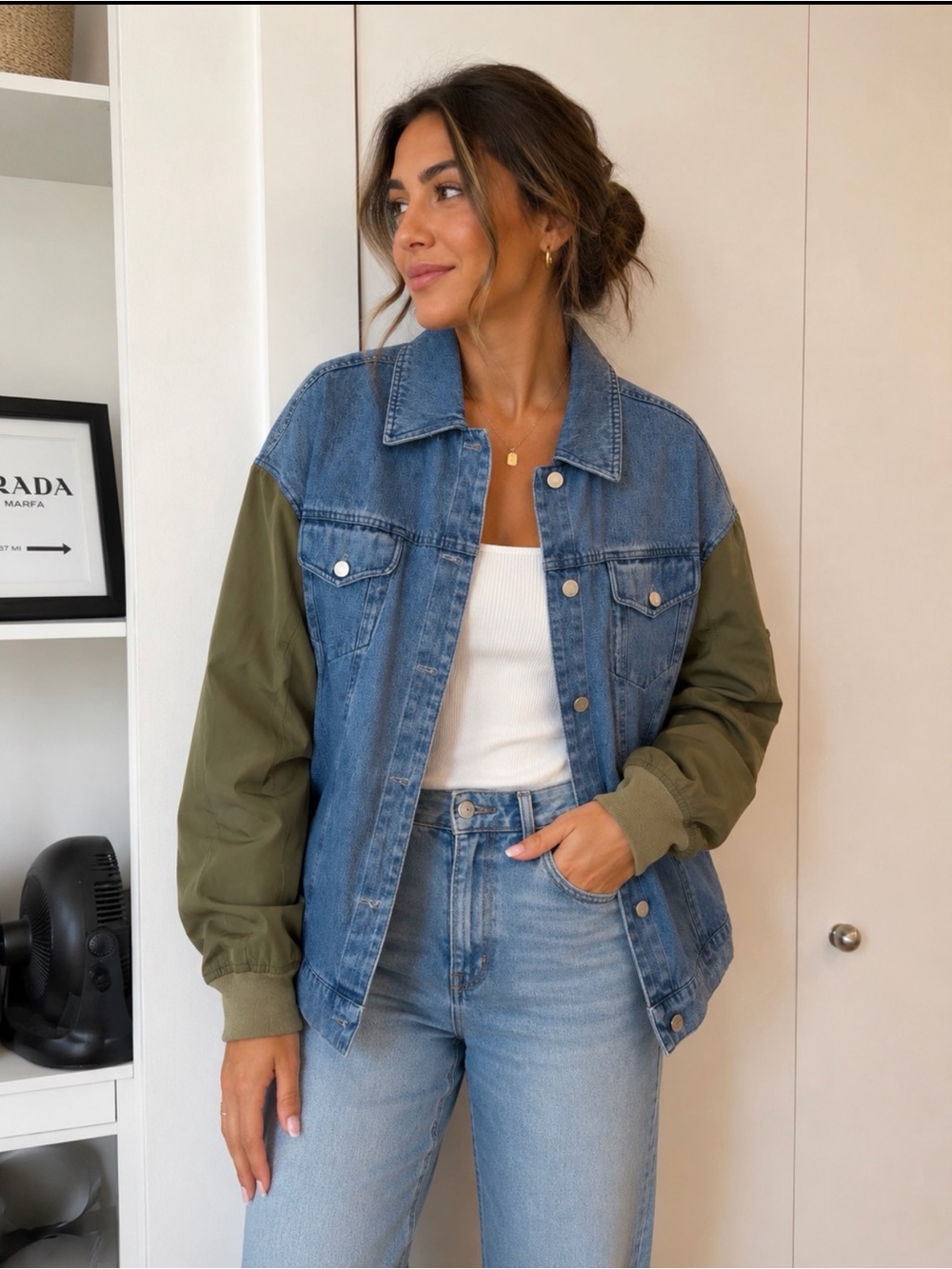 BagatelleTwo-Tone Denim Jacket with Olive Green Sleeves